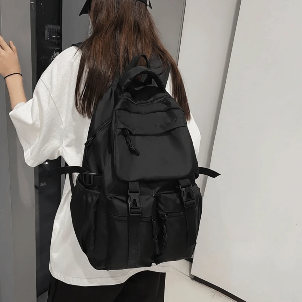 Simple Large Capacity Canvas Backpack Solid Color Multi Pocket Students School Bag Nylon Japanese Style Shoulders Bag Women/Men