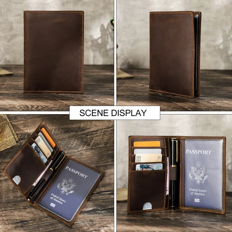 

HTS-M1340 Retro Crazy Horse Leather RFID Anti Theft Brush Passport Baotou Layer Leather Male and Female Passport Clip