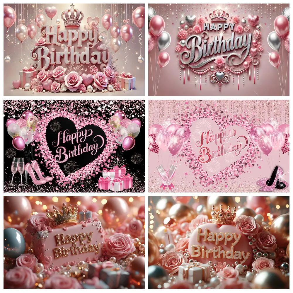 

Happy Birthday Backdrop For Photography Pink Roses Shiny Crown Pearl Balloons Petals Baby Shower Baby Birthday Photo Background