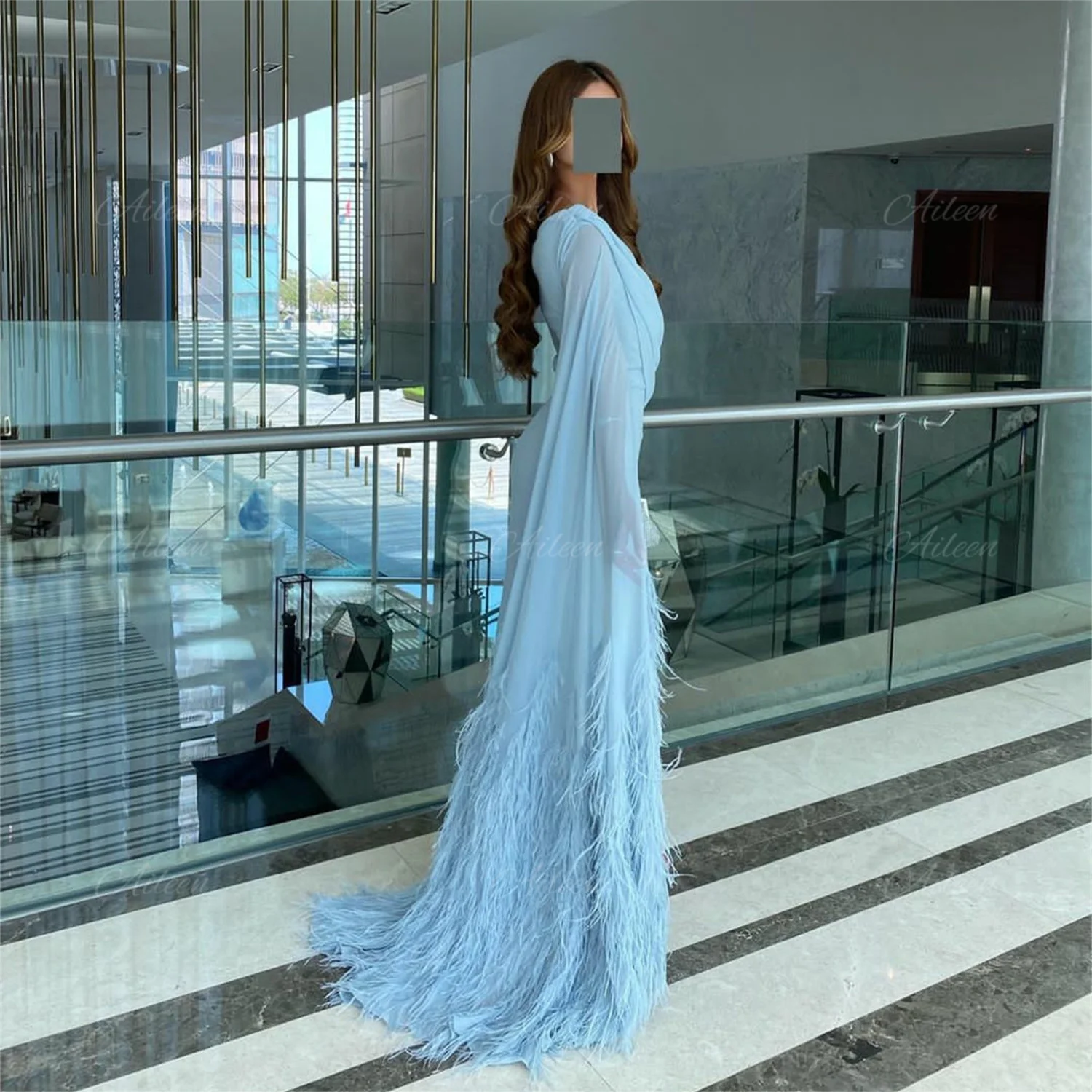 Prom Dress for Women Sky Blue Chiffon Dresses for Women Party Wedding Evening Gown Feather Tail Mermaid Robe Formal customized