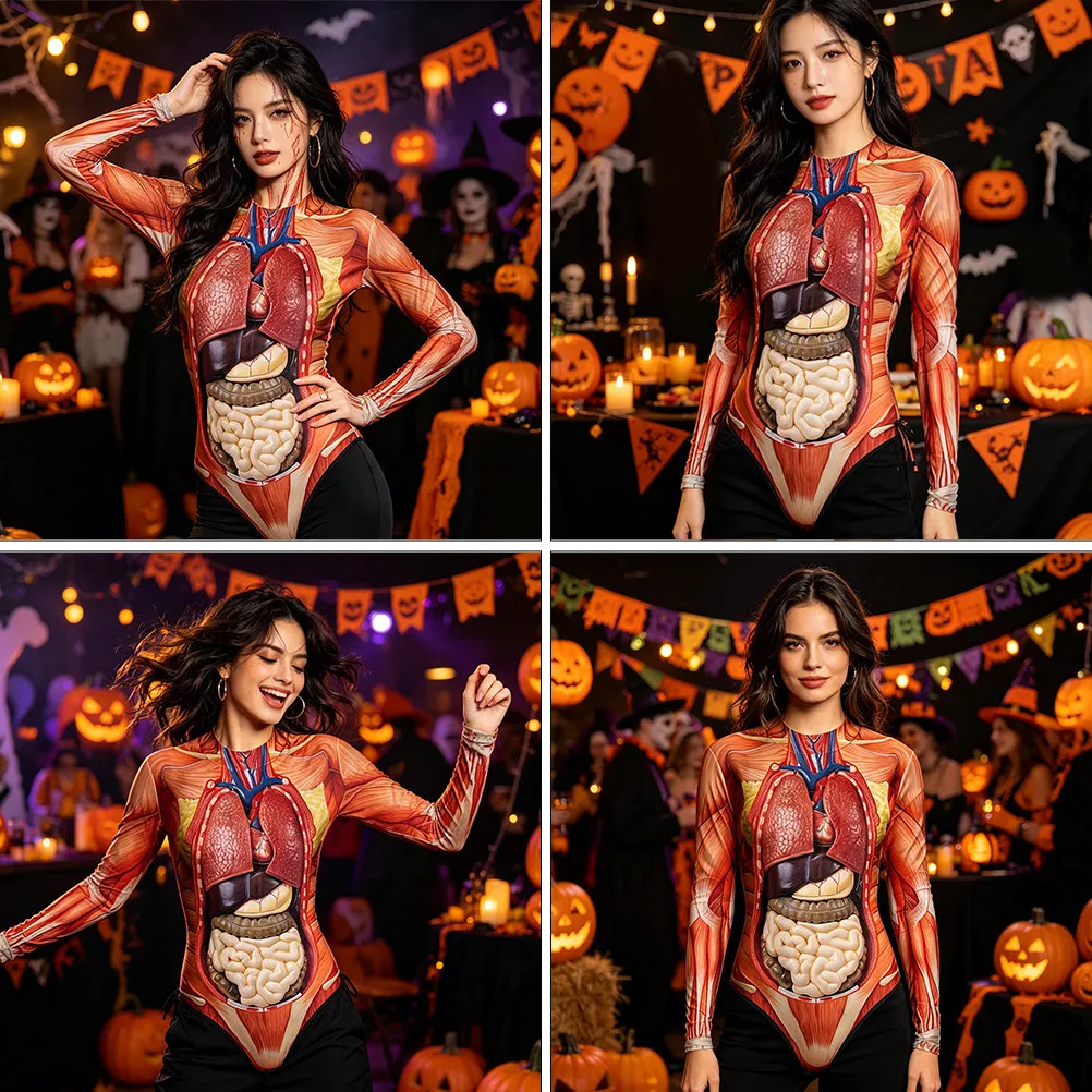 Human Tissue Print Swimsuit Halloween Party Costume Soft Comfortable Easy Wear Scary Bodysuit