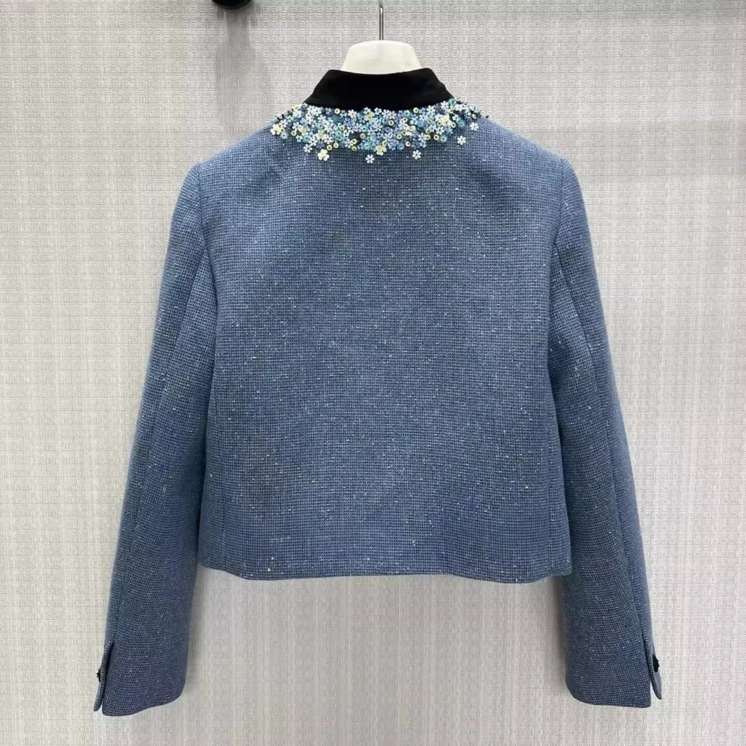 2026 New Autumn Fashion Blue Sequins Embroidery Flower Bow O-neck Woven Tweed Jacket Women Sweet Vintage Silk Liner Short Coat