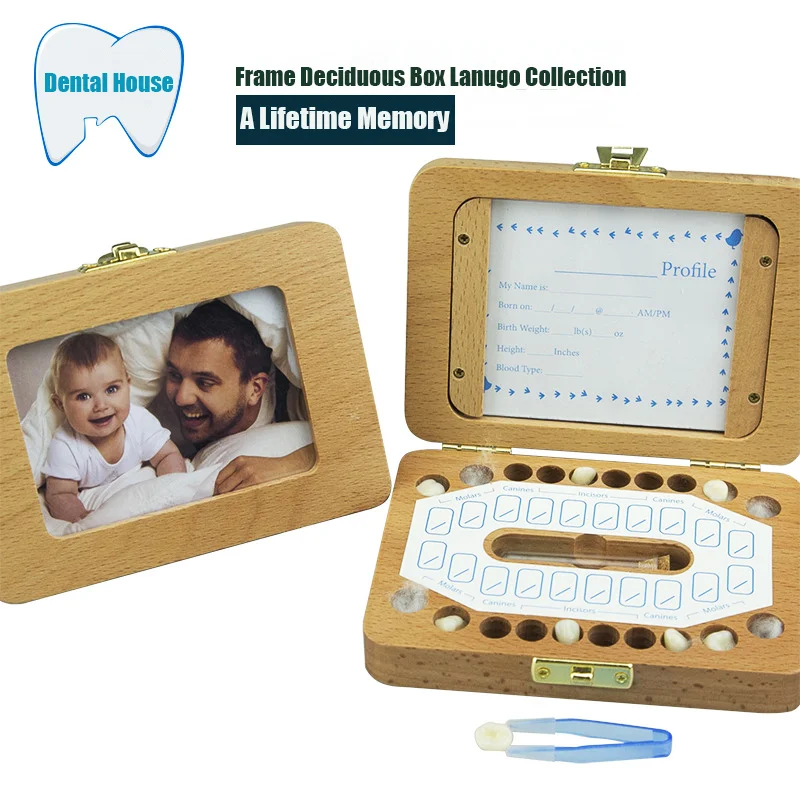 Natural Wooden Baby Teeth Keepsake Box Fairy Tooth Box With Photo Frame Stickers For Boys Girls Umbilical Curl Hair Organizer