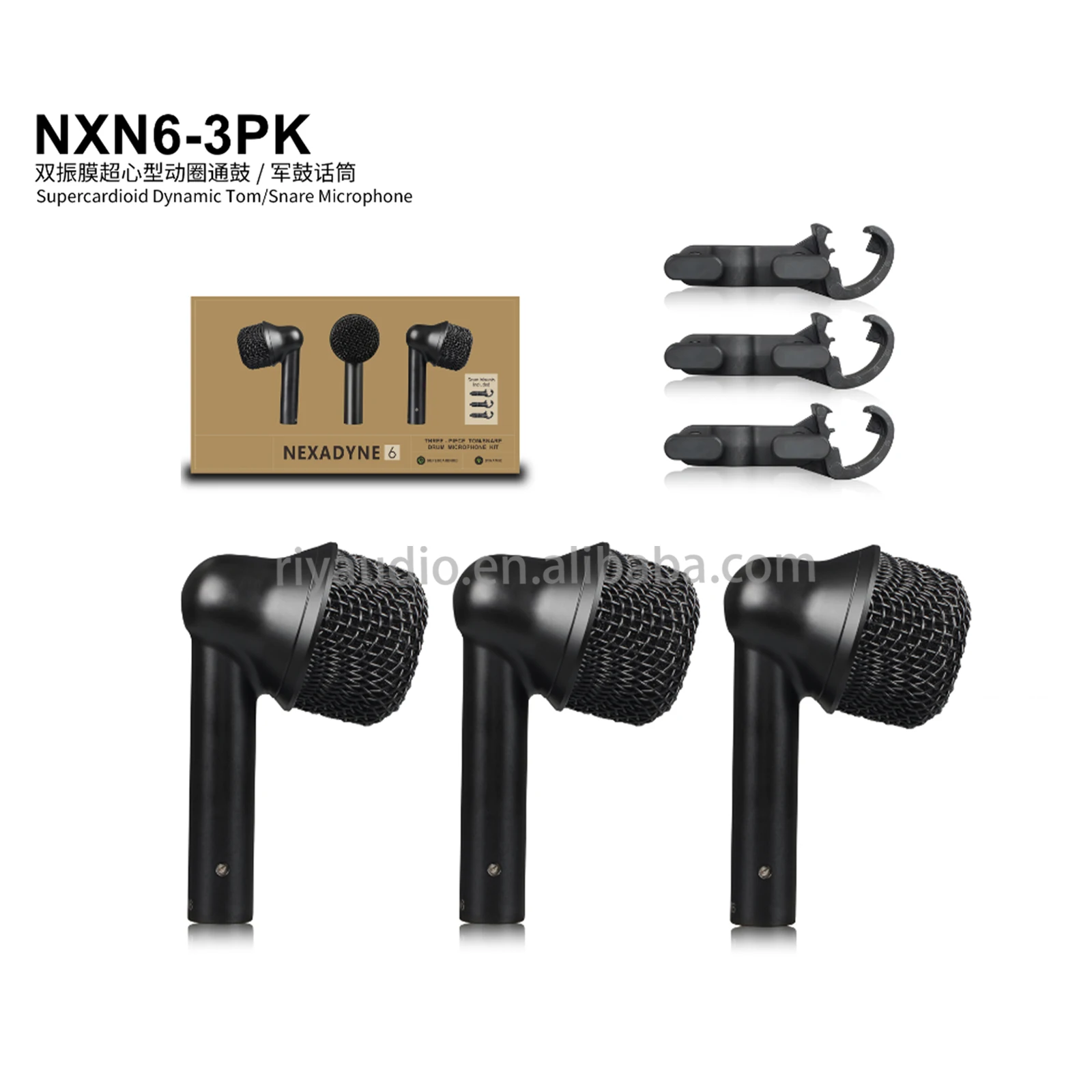 NXN6-3PK Dynamic Drum Microphone Set Three Pieces Supercardioid Pickup for Snare Tom and Percussion Live Sound on Stage, Show