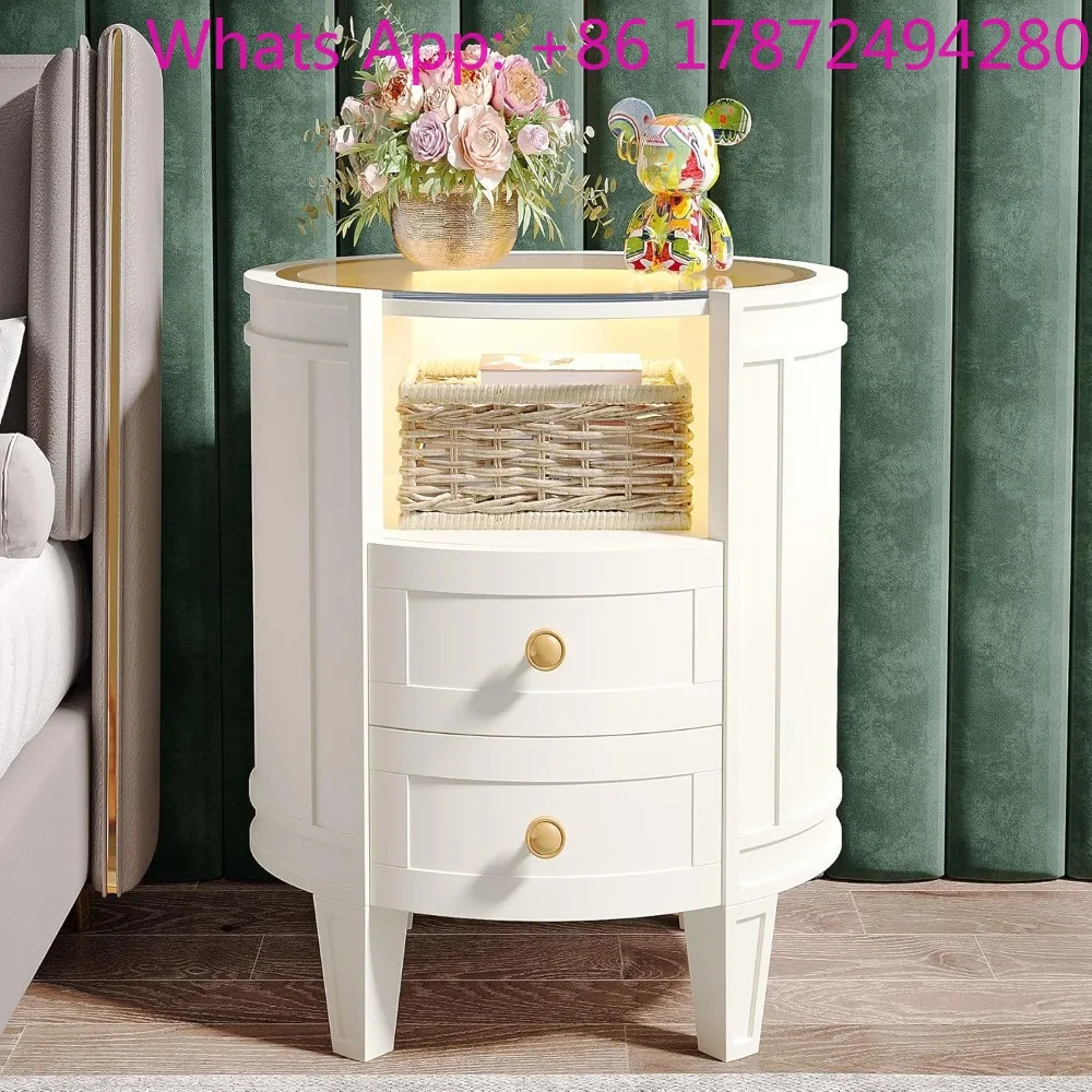 2-Drawer LED Nightstands with Glass Tabletop,Modern White Round Night Stand Side Table
