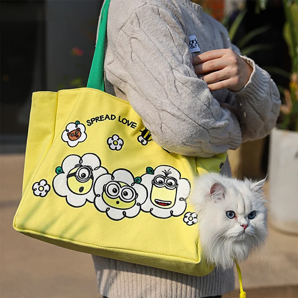 Bolsa bandolera de lona con temática de Minions para mascotas, bolsa cruzada duradera para perros y gatos pequeños, bolsa de viaje ligera para exteriores