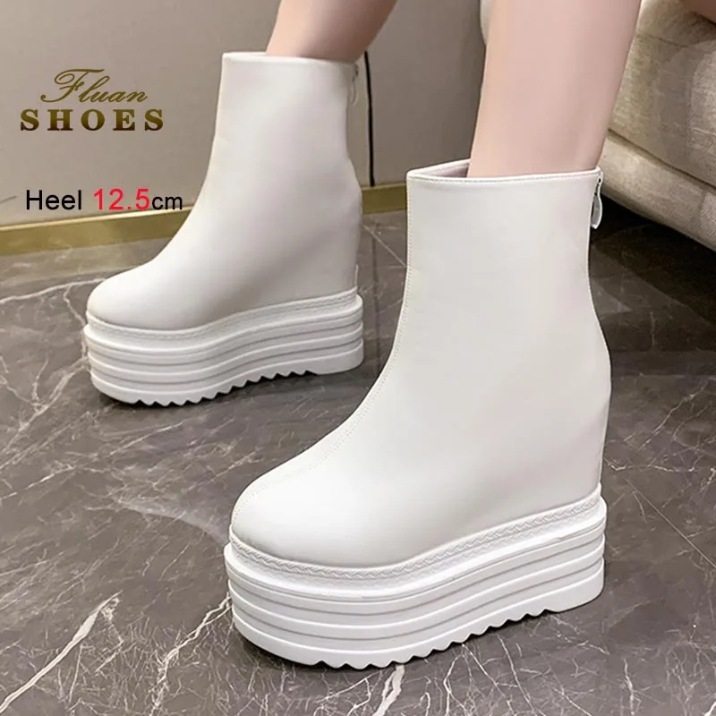 

White Super High Heels Women Short Boots Fashion Platform Shoes Casual Simple Ankle Boots Height Increase Wedge Heel Single Boot