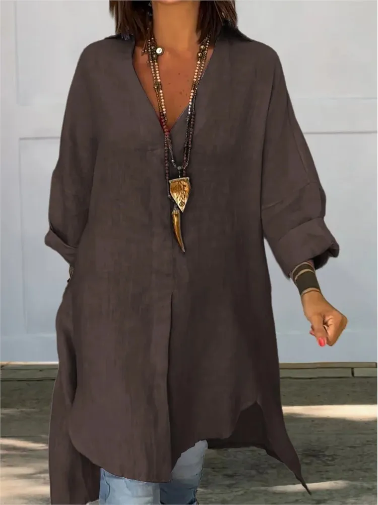 

Women Shirt V-Neck Long Sleeve Side Split Hem Pullover Tops Solid Color Loose Fit Summer Shirt Daily Wear Bohimian Style Tops