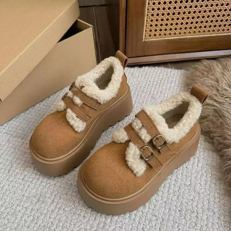أحذية شتوية نسائية سميكة القاع مبطنة بالصوف مغطاة بالكامل بتصميم عتيق أحذية قطنية مريحة ونعل مطاطي وكعب مسطح #2