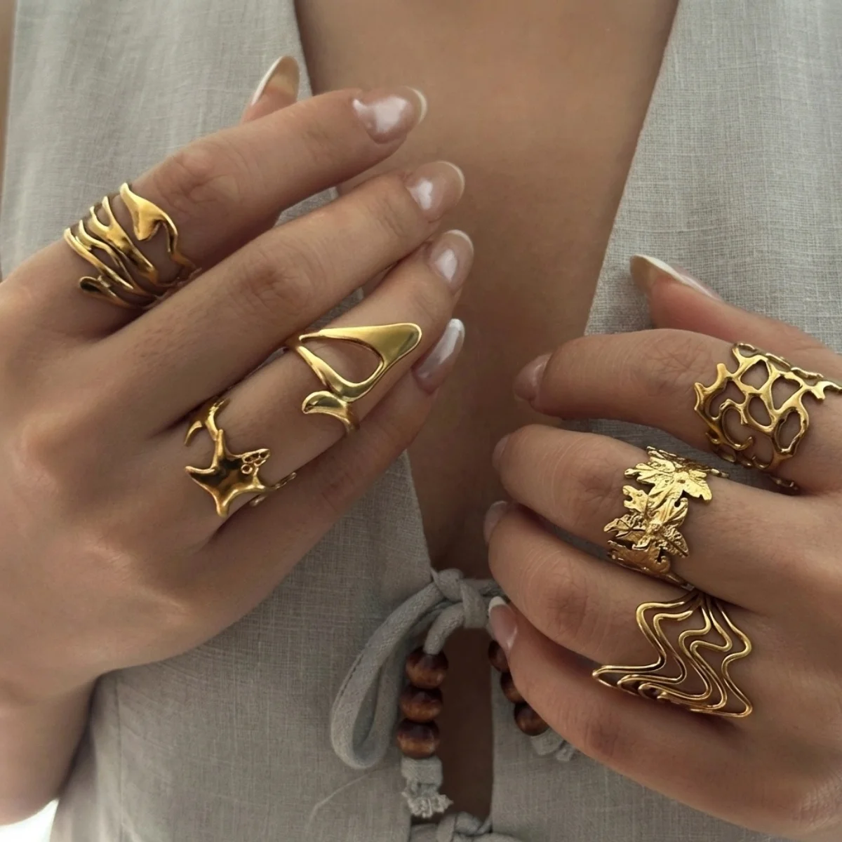 Edelstahlringe mit unregelmäßigen Wellen, Korallen, Seesternen und Blumen für Damen und Herren, Retro-Punk, florale Blätter, geometrische Linien, Boho-Schmuck – Detail 14