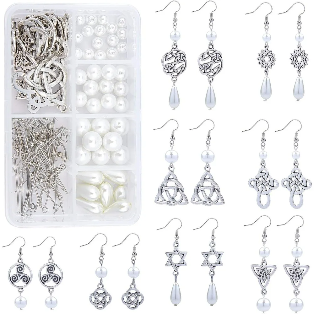 1 Box DIY 8 Pairs Antique Silver Celtic Knot Earrings Pearl Dangle Earrings Jewelry Making Starter Kit with Instruction Jewelry