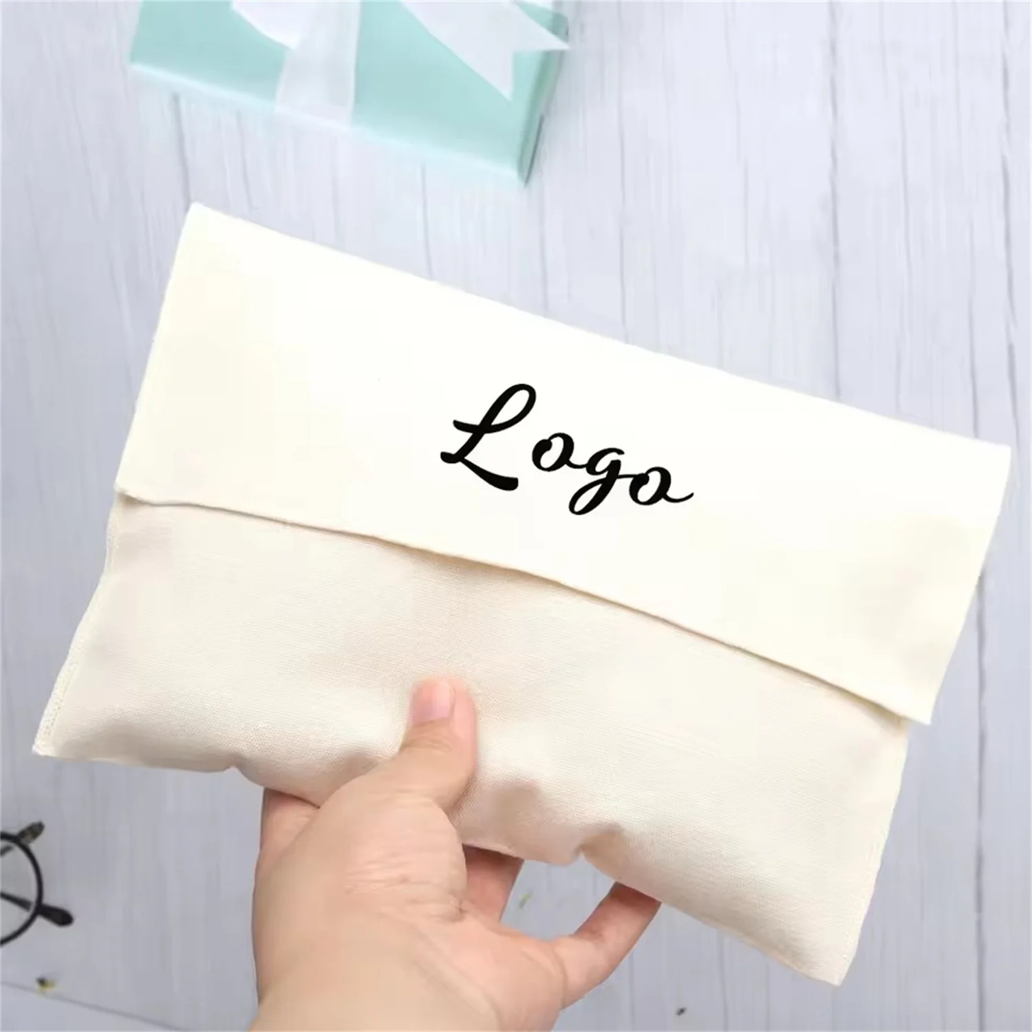 100 個高級カスタムロゴ封筒コットンキャンバスバッグ化粧品香水プロモーション白ベージュハンドバッグ包装ギフトポーチ