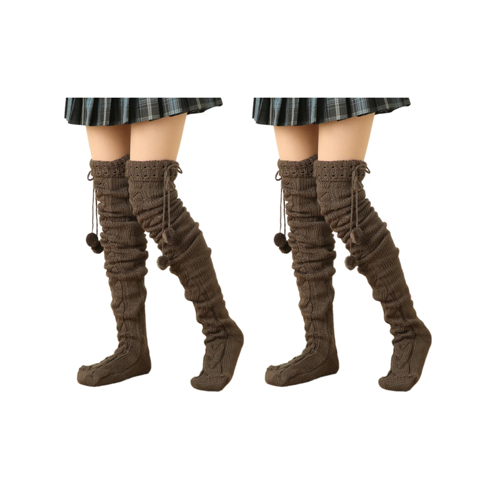Knitted wool high socks, wool ball pendant stockings four-color set (1 pair each of coffee/black/red/white)