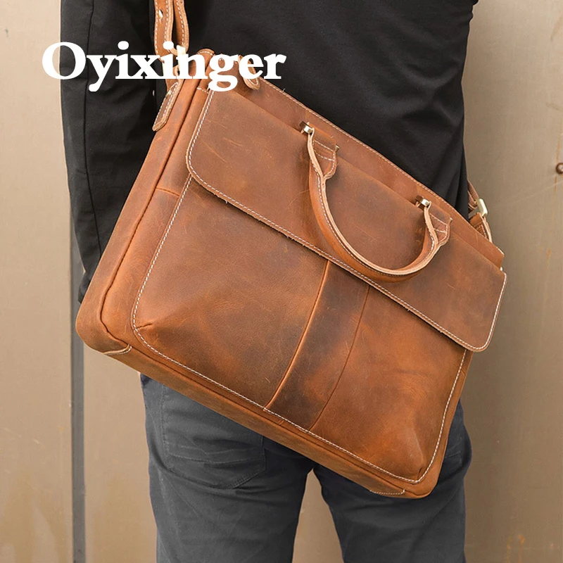 OYIXINGER Retro Leather Men\'s Business Briefcase For 14inch Laptop Vintage Computer Bag New Male Cowhide Messenger Bag Handbag