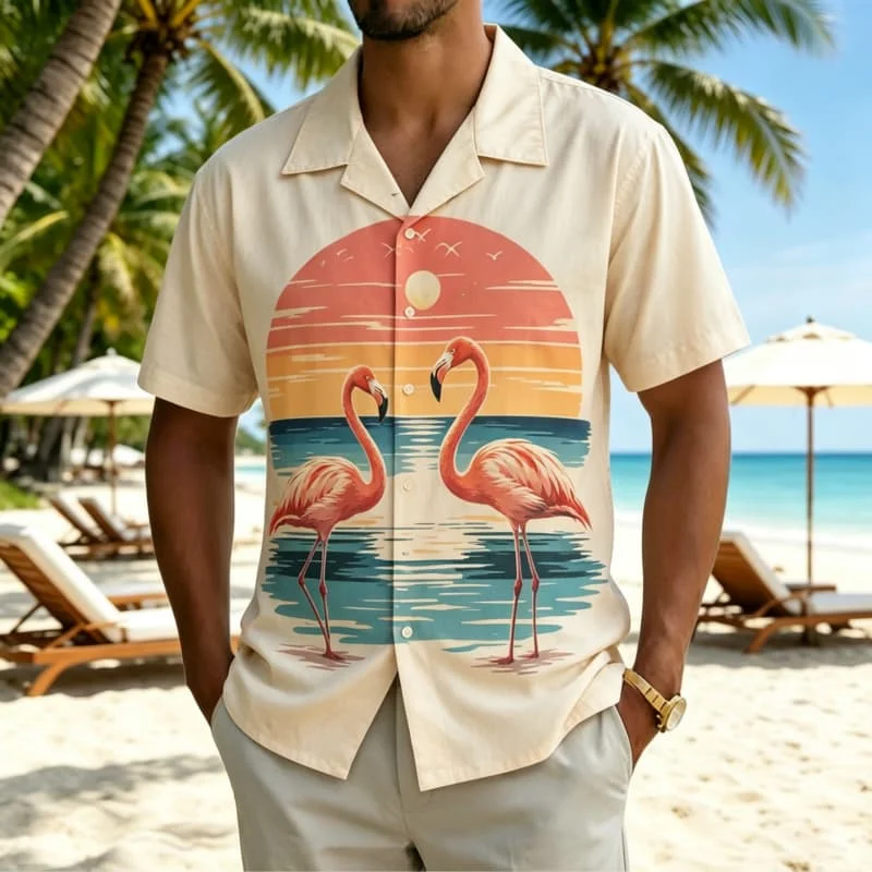 Men's Retro Tropical Beach Print Shirt, Coastal Style for Summer Holiday, Beach Trips, Daily Outings & Casual Wear
