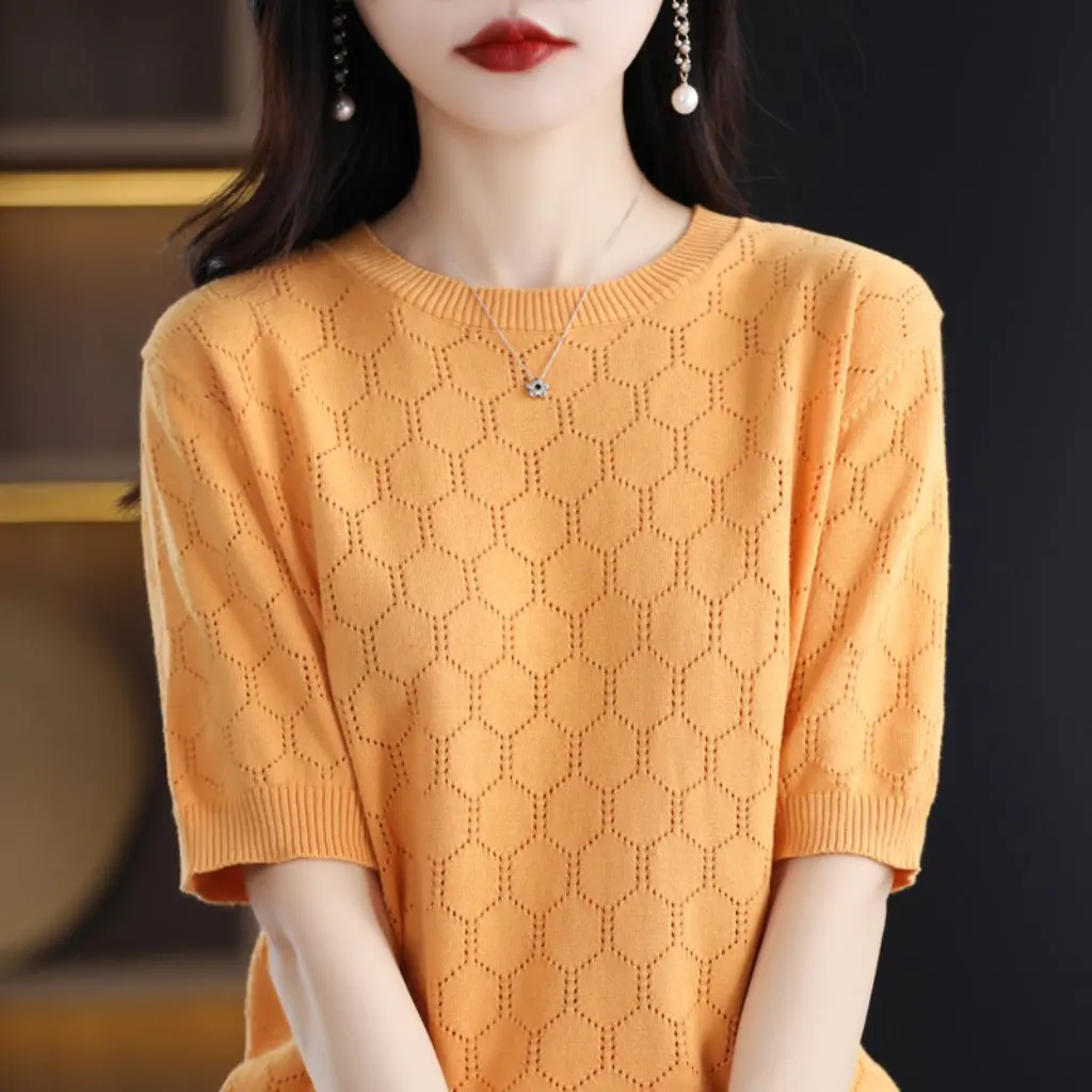 

Women's Knitted Cotton Short-Sleeved T-shirt round Neck Hollow Base Shirt Loose Fit Summer Thin Top