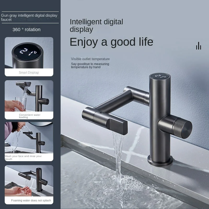 

LED Temperature Digital Faucet Brass Multi-Function Splash Proof 360° Rotating Hot And Cold Water Faucet Bathroom Sink Faucet