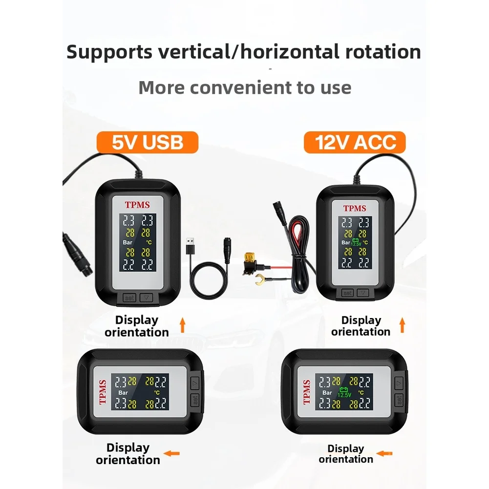 

Wireless Tire Pressure Monitor TPMS with APP Dual Display USB 12V ACC for Car real alerts high low leak temp alarm
