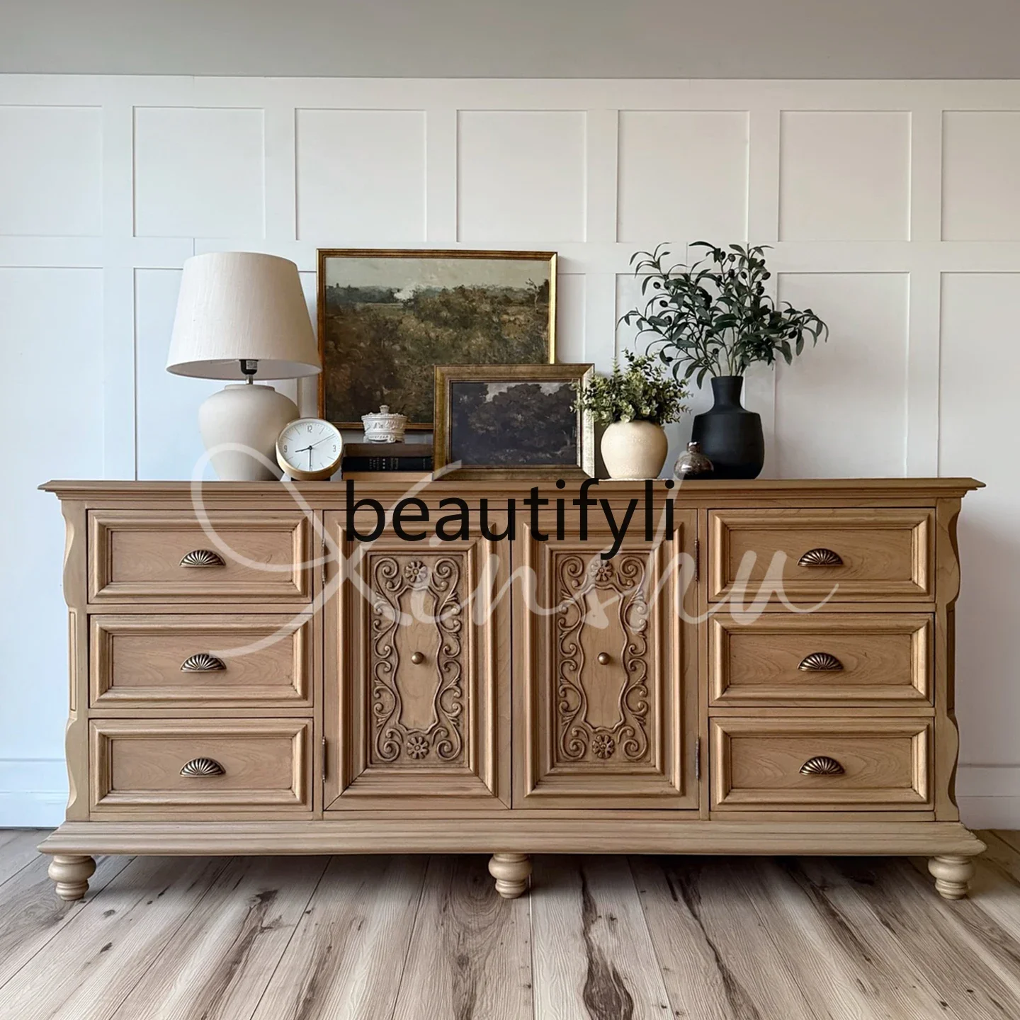 

French solid wood dining edge, wall storage, serving dishes, American living room ornament storage cabinet