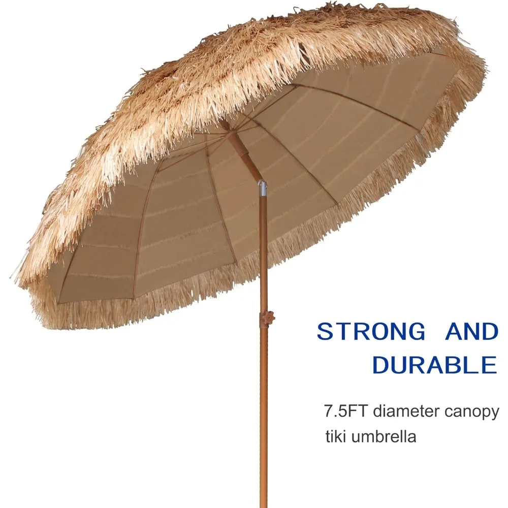 Guarda-chuva de praia com Tilt Carry Bag para pátio ao ar livre, Hula Thatched Tiki Bar, estilo havaiano, 10 costelas, UPF 50 +, 7,5 pés