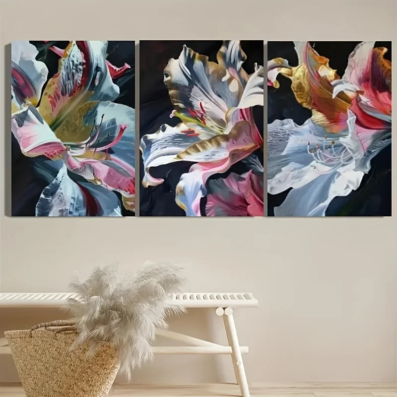 3pcs Golden Pink Lily Flower Petals And Dewdrops Wall Art Canvas Unframed