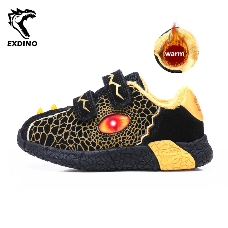 EXDINO【Dinosaur surface\Suede Cow Leather】Children Glowing Sneakers Winter Warm Boy Little Kids LED Lights Casual Shoes Luminous