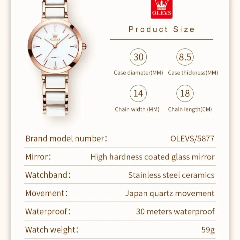 OLEVS 5877 ساعة نسائية فاخرة ساعة كوارتز رائعة أنيقة ارتفع الذهب ساعة سيراميك ماركة مقاوم للماء فستان المرأة Relogio Mujer