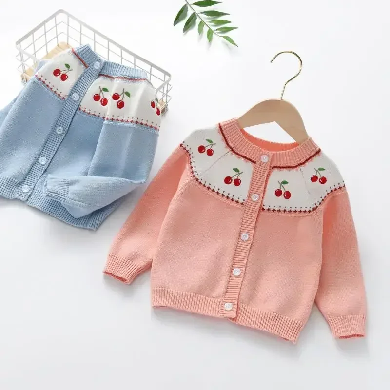 

Baby Girls Cardigan Long Sleeve Knitted Kids Sweaters 1-8 Years Clothes Winter Children Clothing Girls Cherry Embroidery Coats