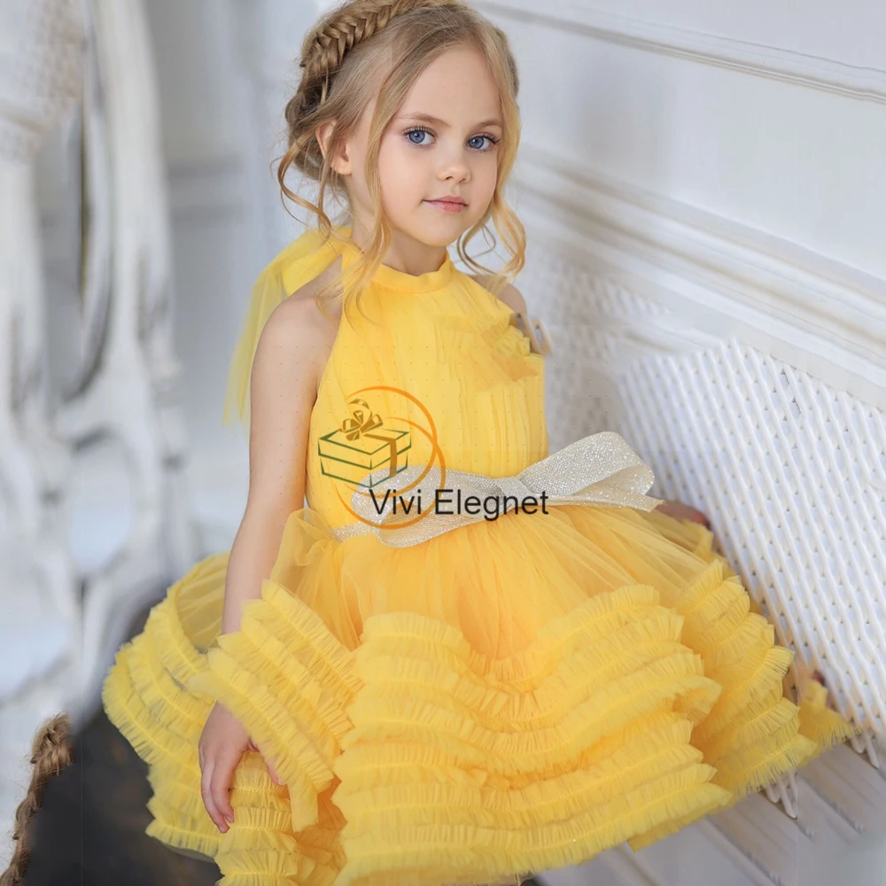 

Halter Flower Girl Dresses New Arrived Tutu Tiered Wedding Party Gowns Summer Soft Tulle Sleeveless VV980059