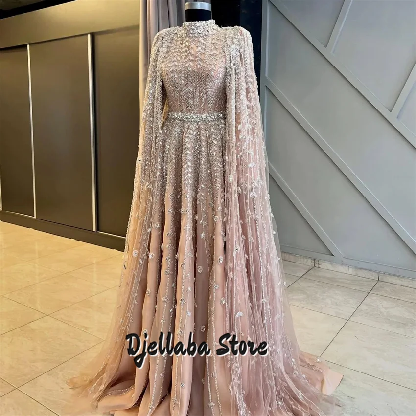 

Elegant Beading Saudi Arabia Pink Evening Dress Cape Crystals Party Gown Long Sleeve فساتين سهرة Prom Dress Customized