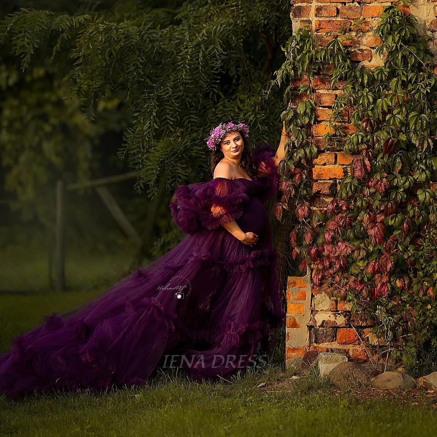 niestandardowe Vintage mosiężny tiul otwarty przód kobiety w ciąży fotografia sukienka z bufiastymi rękawami Off ramię suknia ciążowa