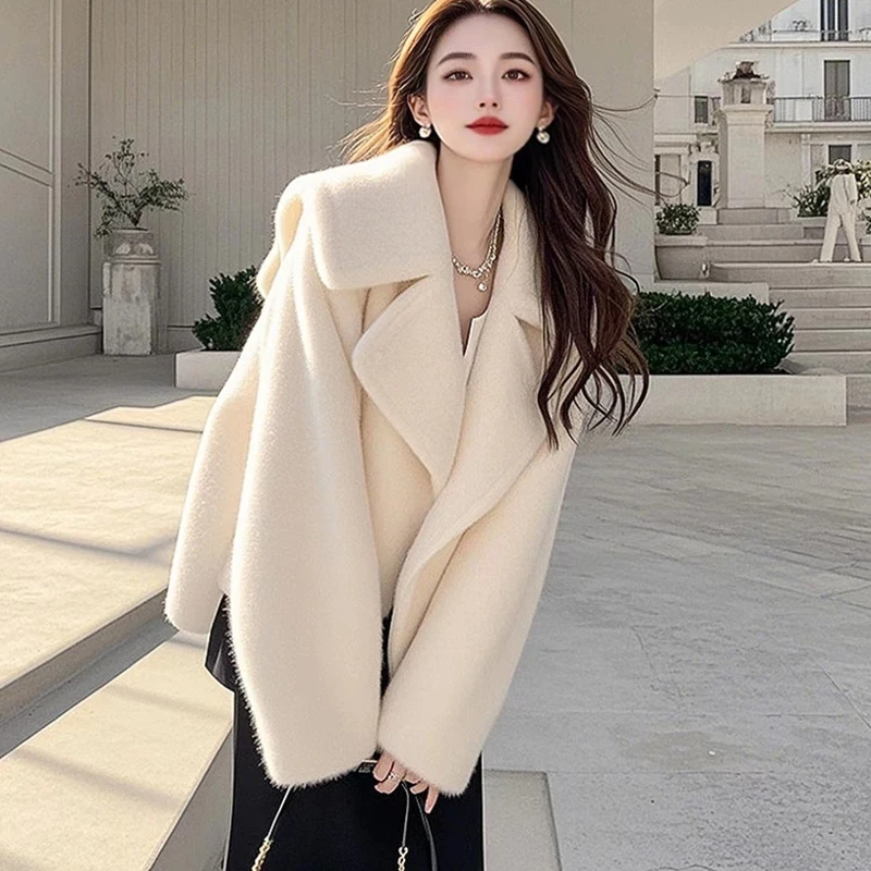 ใหม่ 2025 ฤดูใบไม้ผลิผู้หญิงเกาหลีสไตล์แฟชั่นอเนกประสงค์Faux Lambขนสัตว์Warm Fur Coatแขนยาวสีม่วงSlimming Chic Jacket