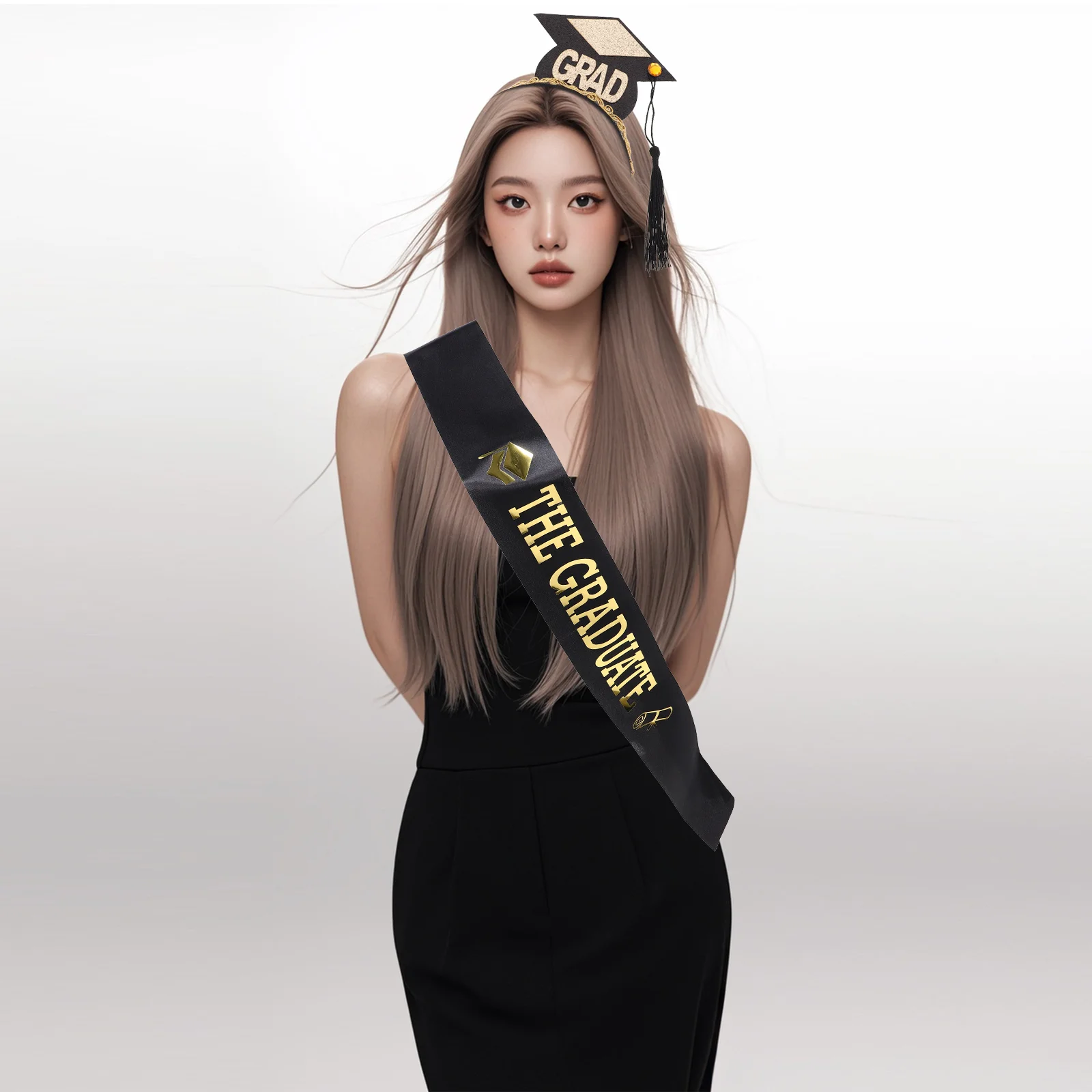 

2Pcs Graduation Party Costumes Set Satin Sash with Mini Cap Headband for Graduate Celebration Ceremony Photo Props Festive Dress