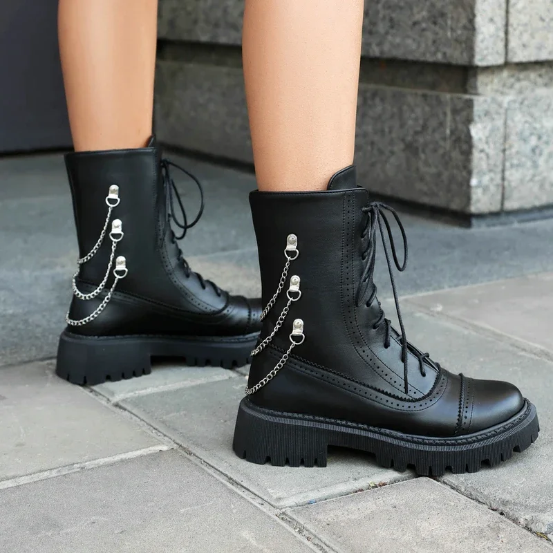 Blue Wine Red Color Brogue Designer Luxury Goth Women Shoes Lace-up Casual Ladies Ankle Boots Motorcycle Botas with Metal Chain image 3