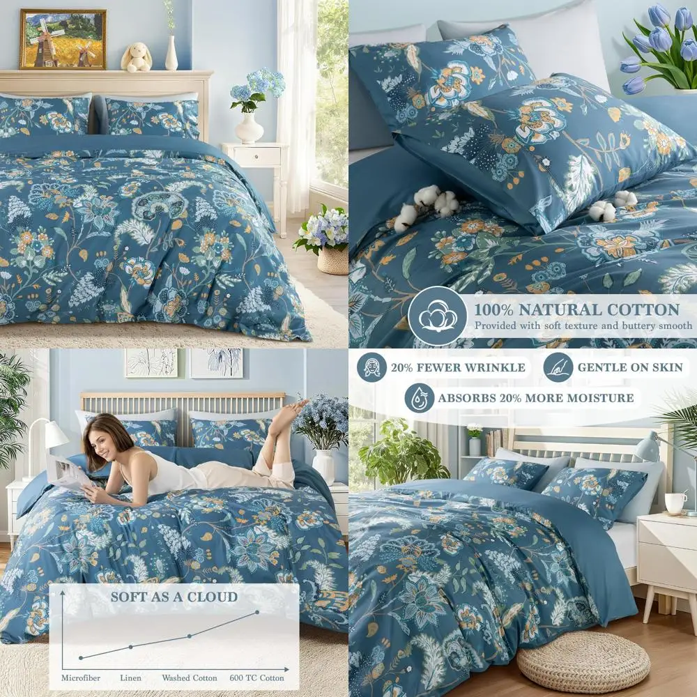 

Cotton Floral Duvet Cover King Size - 600 Thread Count, Breathable & Cooling, Zippered Closure