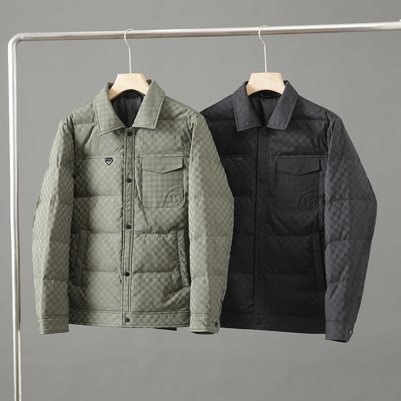 

Plaid Embroidery Fabric Men's Casual down Jaet High Fluffy 90 Du down Collar Standup Regular Length Pure Color