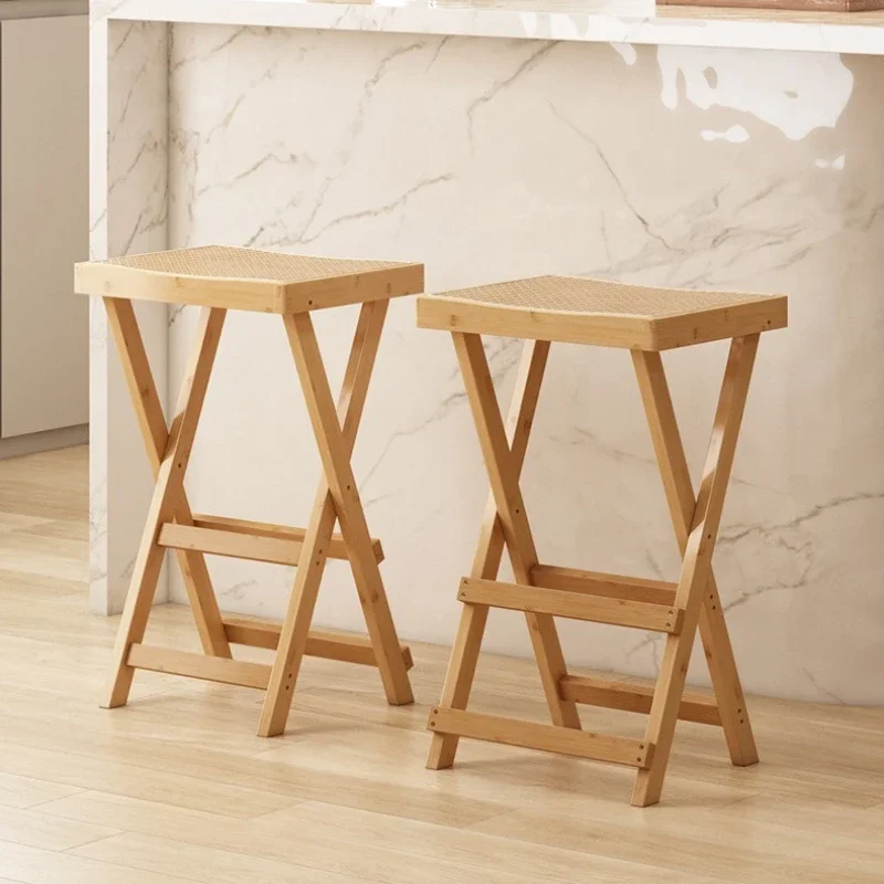 

Rattan Household Folding Bar Stool Nordic Log Style Kitchen Operation Stool Island Table High Stool Dining Table Eating Chair