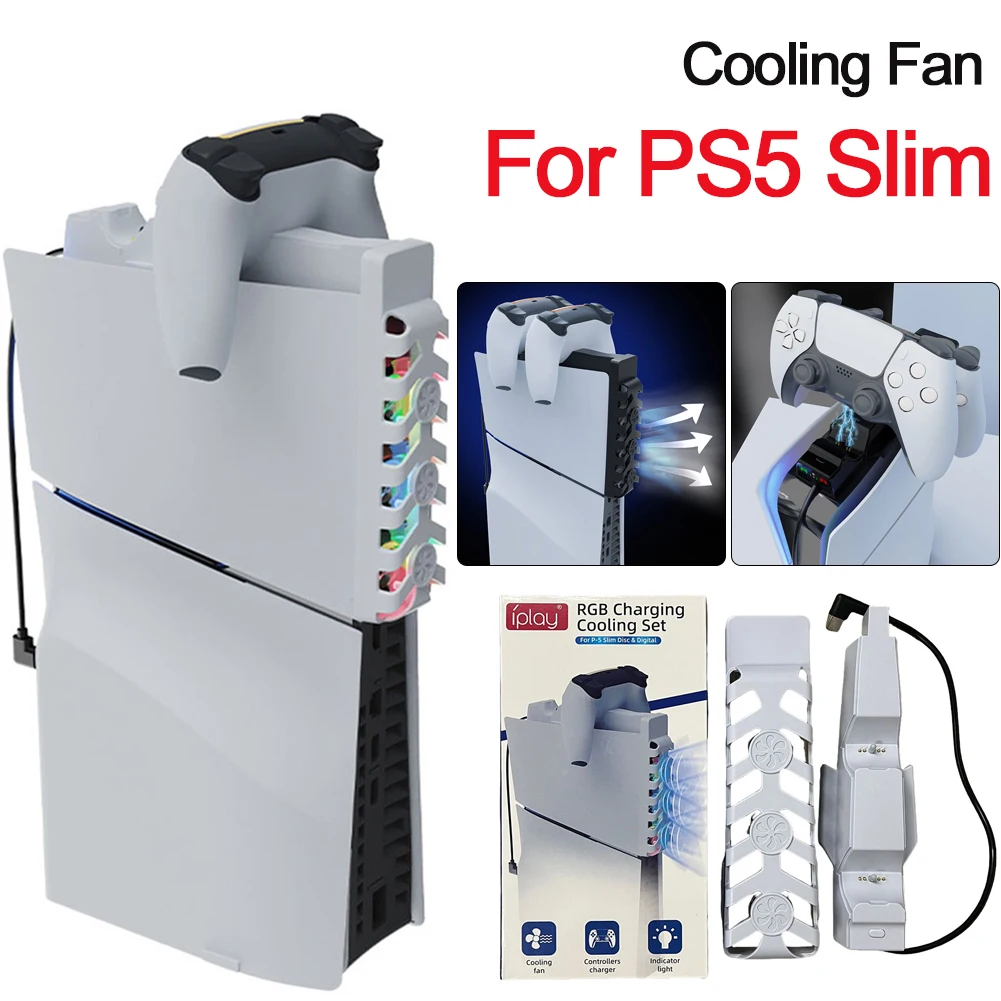 

Cooling Fan for Playstation 5 Dual Controller Charger Station with RGB Lights USB Ports Quiet Cooler Fans for PS5 Slim Console