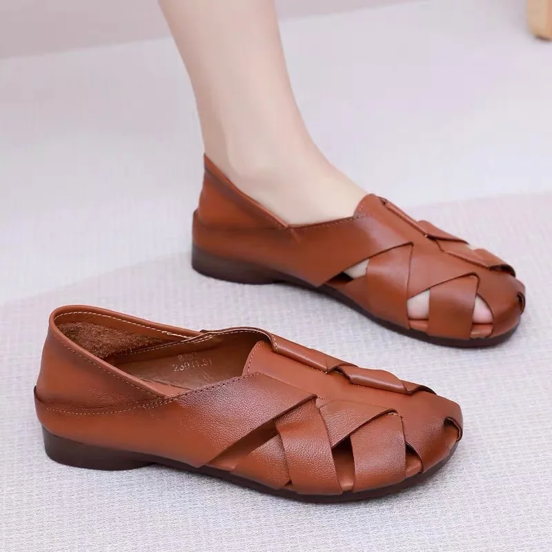 New roman boat shoes women's cowhide leather flats lazy shoes woman woven loafers wide fit autumn flat driving shoes lady flats