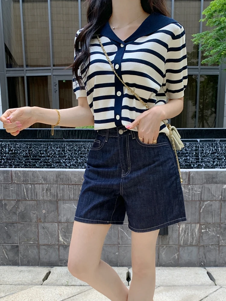 Women's Knitted Stripe Loose ort Sve Navy Collar Sweet Versatile Open Cardigan Top Color Blo Slimming Effectiven