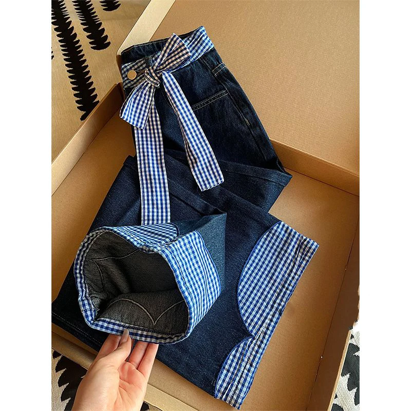 

Шикарные клетчатые лоскутные джинсы для женщин, широкие прямые джинсовые брюки со шнуровкой и высокой талией, весенние повседневные брюки