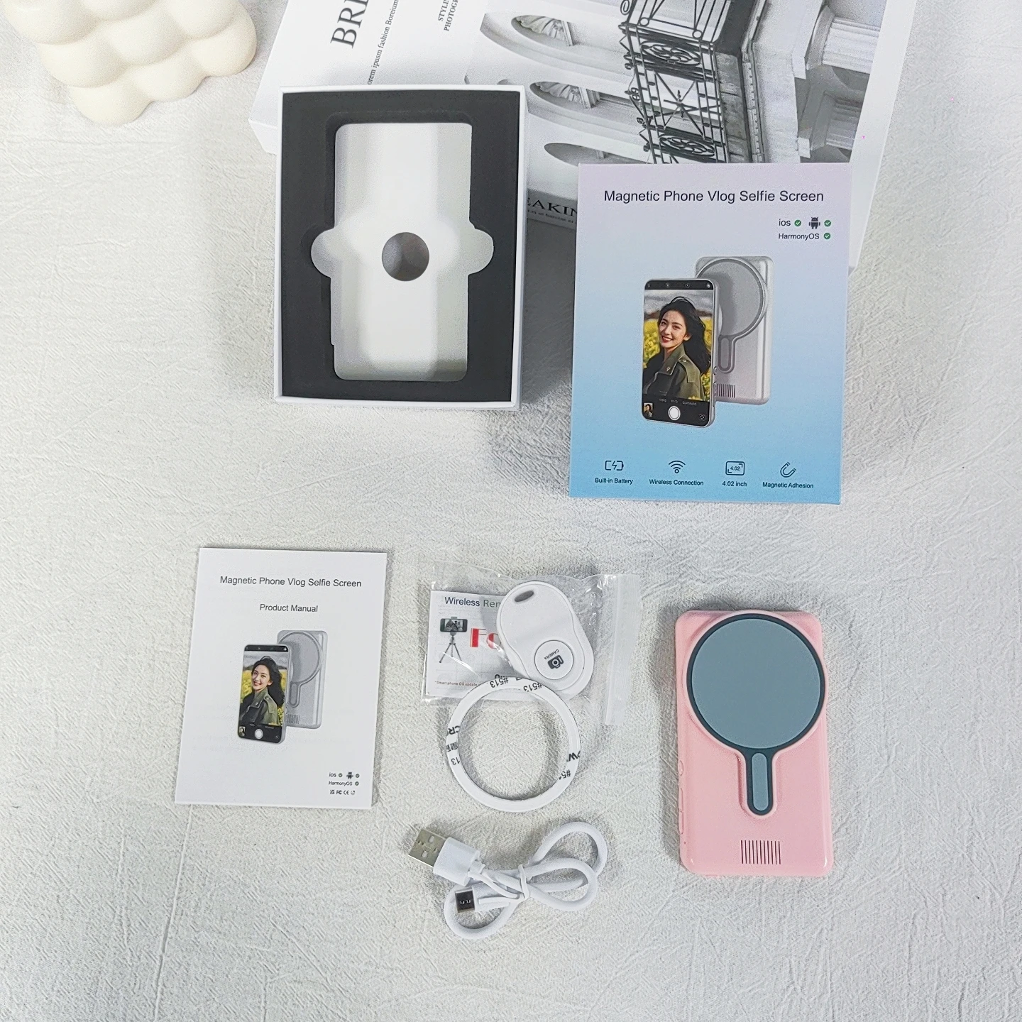 

ETG 4.02" Vlog Selfie Screen Phone Back Wireless Connection Remote Magnetic pink and White Models