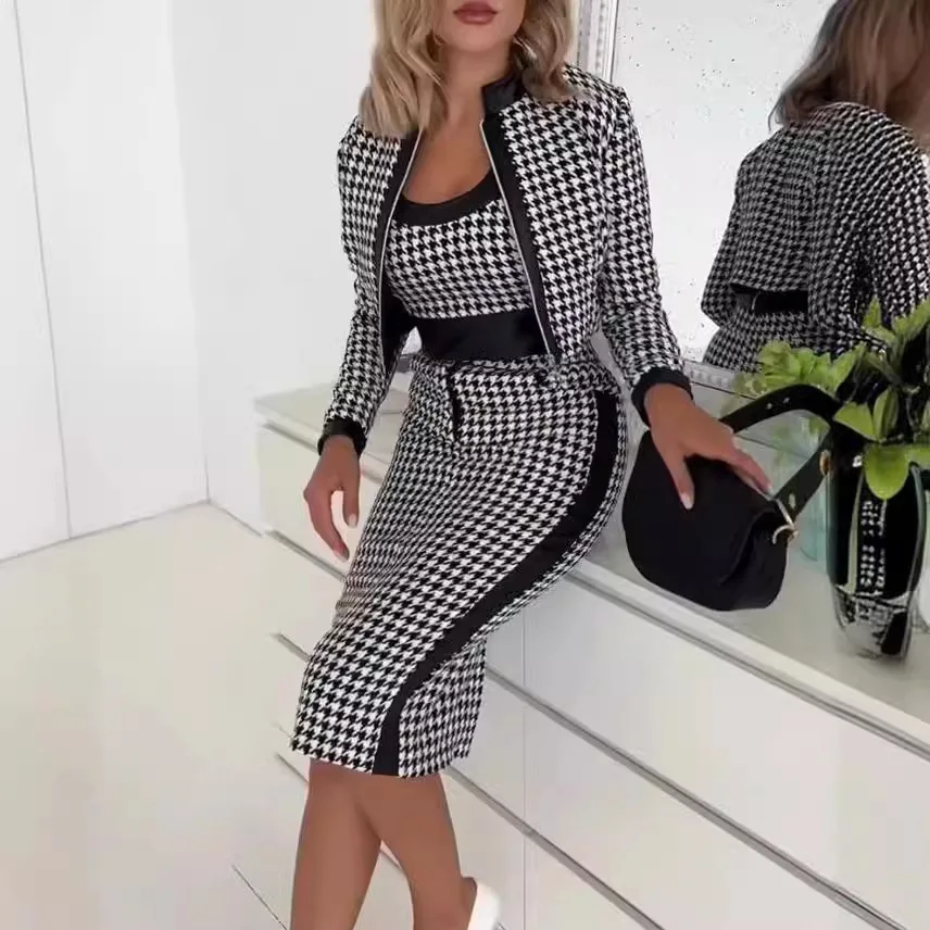 Mandylandy Elegant Dress Sets Women Slim-Fit Printed Short Tops Long-Sleeved Coat Vest Bodycon Skirt Three-Piece Suit Outfits