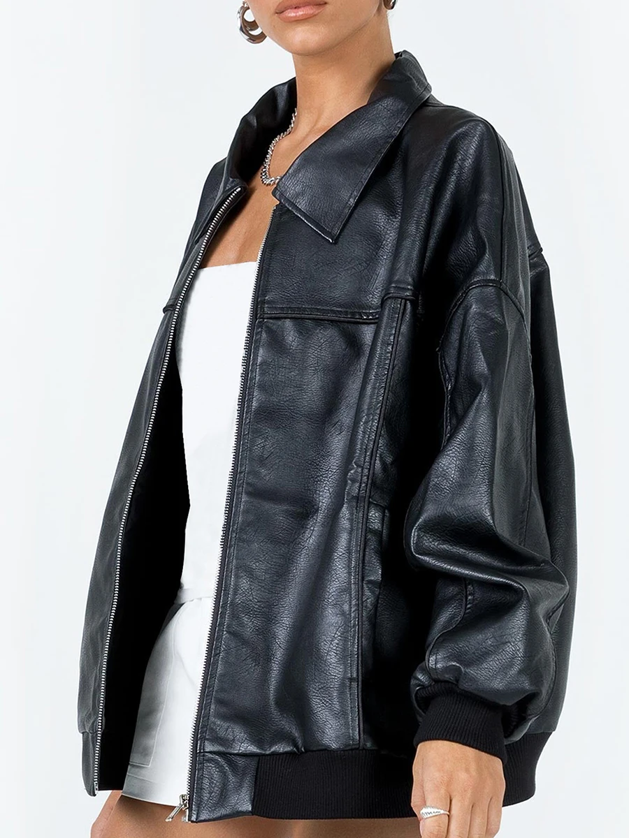 سترة نسائية كلاسيكية كبيرة الحجم من جلد البولي يوريثان معاطف للدراجات النارية بأكمام طويلة وأكتاف منسدلة معاطف فاسق ملابس خارجية