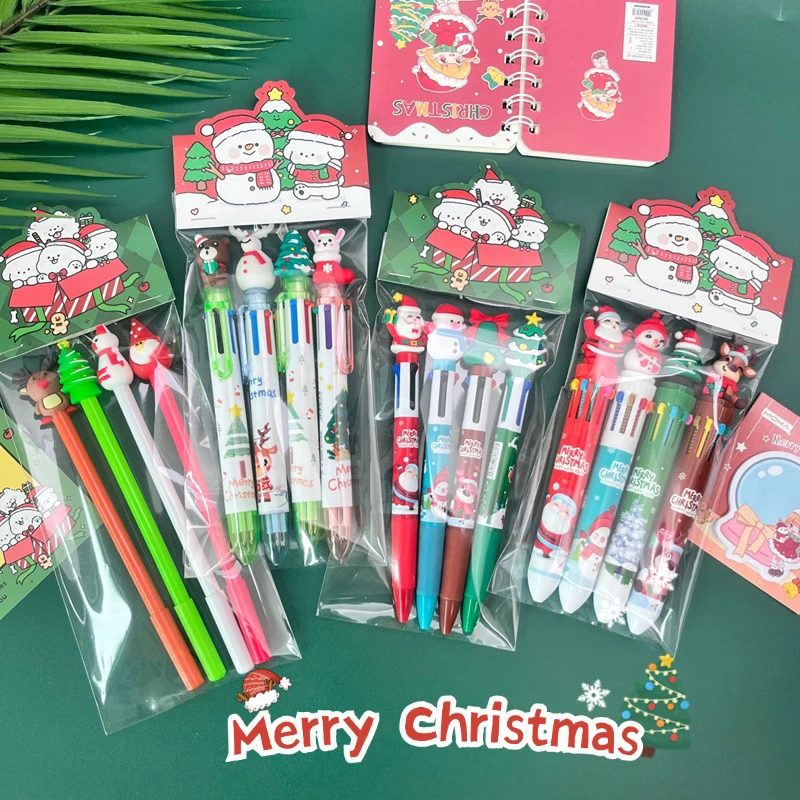 

1Set Cute Christmas Ballpoint Pens Cartoon Santa Claus Multi-color Pressing Neutral Pens Student Stationery School Supplies Gift