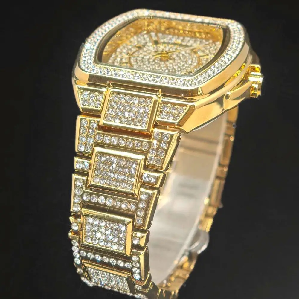 Luxury Gold Watch Men Brand UNIGUET Hip Hop Ice Diamond Quartz Clocks Male Fashion Tonneau Wristwatch With Calendar Dropshipping