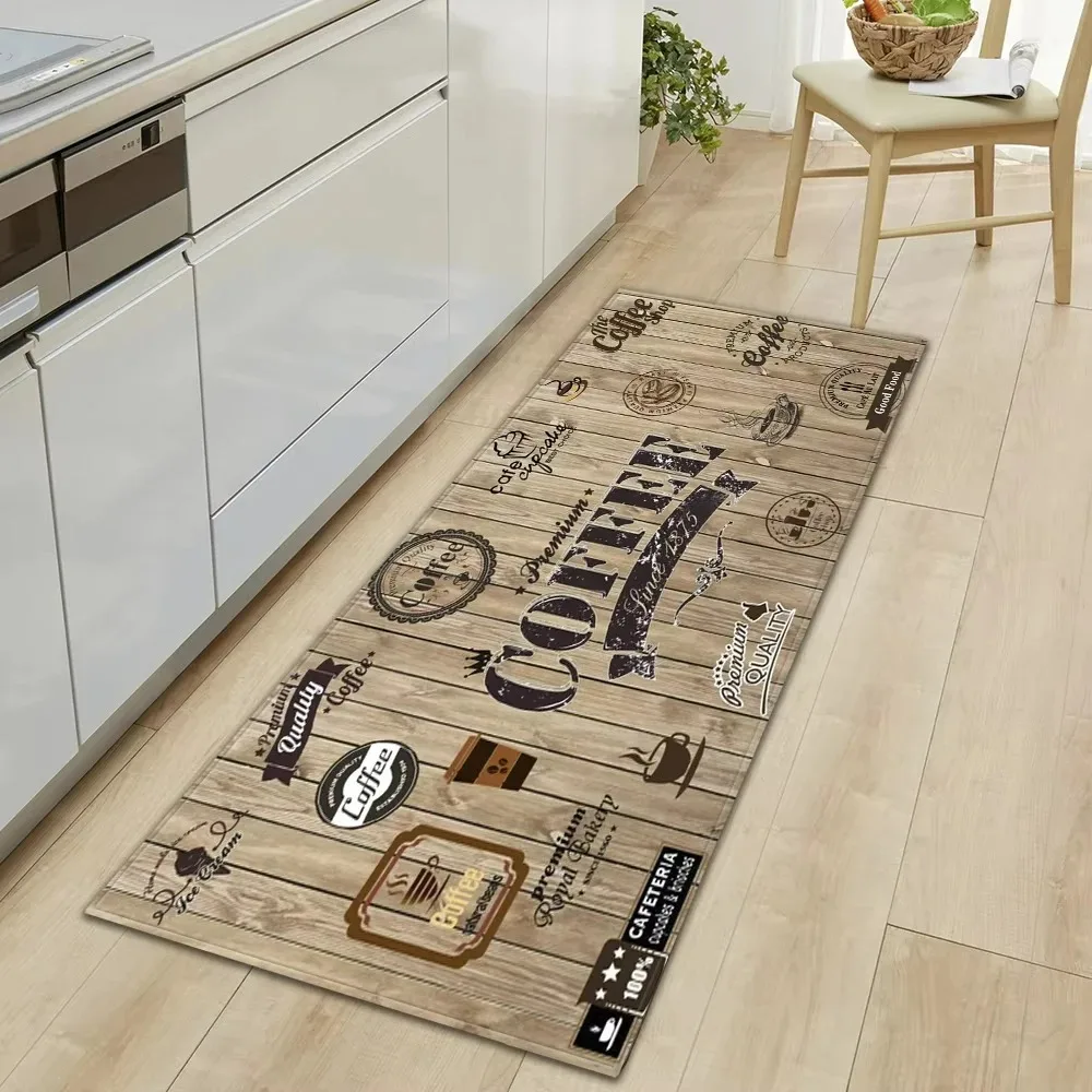 Light Brown Wood Grain Coffee Graffiti Kitchen Long Runner Rug Kitchen-Specific Non-Slip Easy Clean Soft Floor Mat