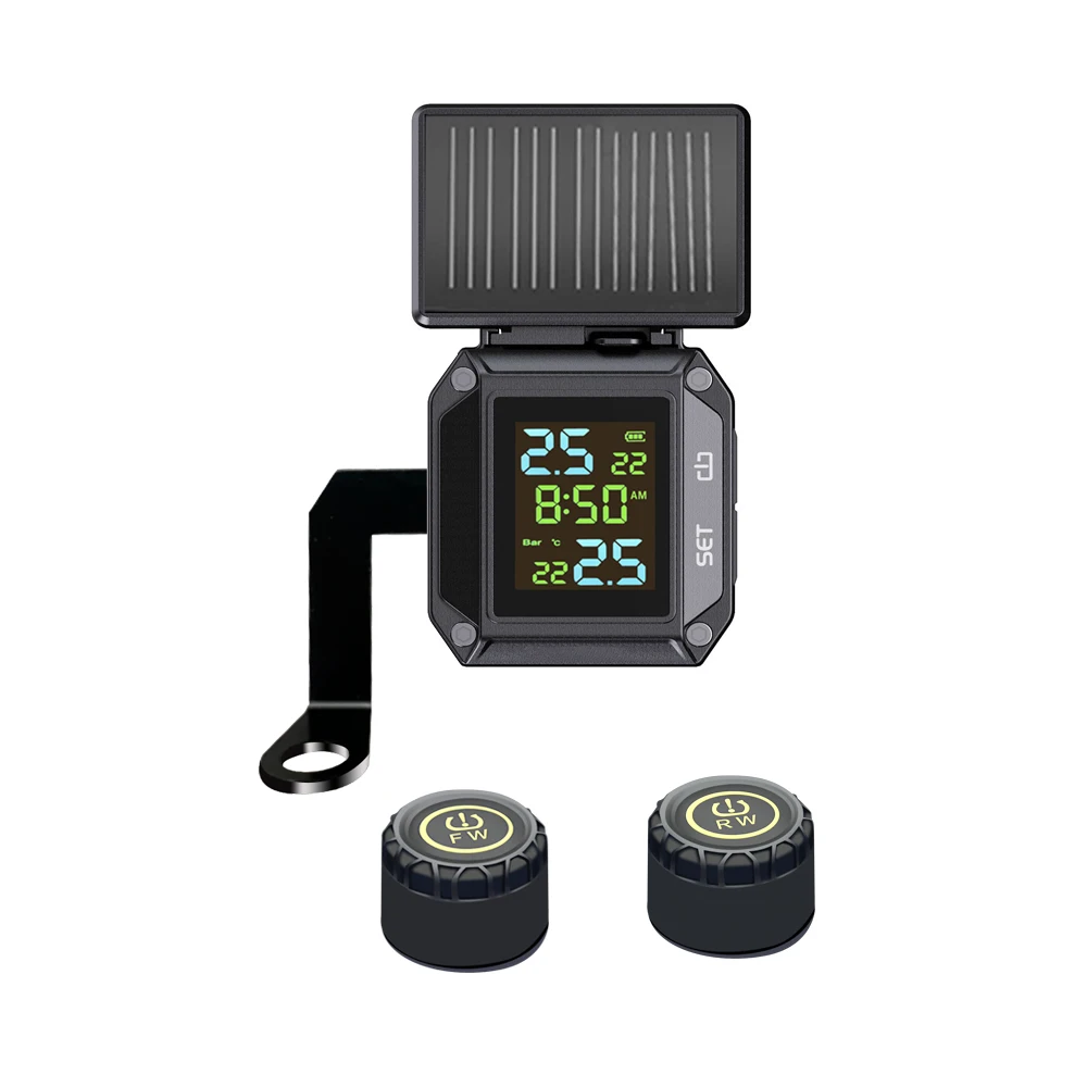 Wireless Motorcycle TPMS Motorbike Solar USB Charging Tire Pressure Monitor Tire Pressure Safety Alarm with 2 External Sensors