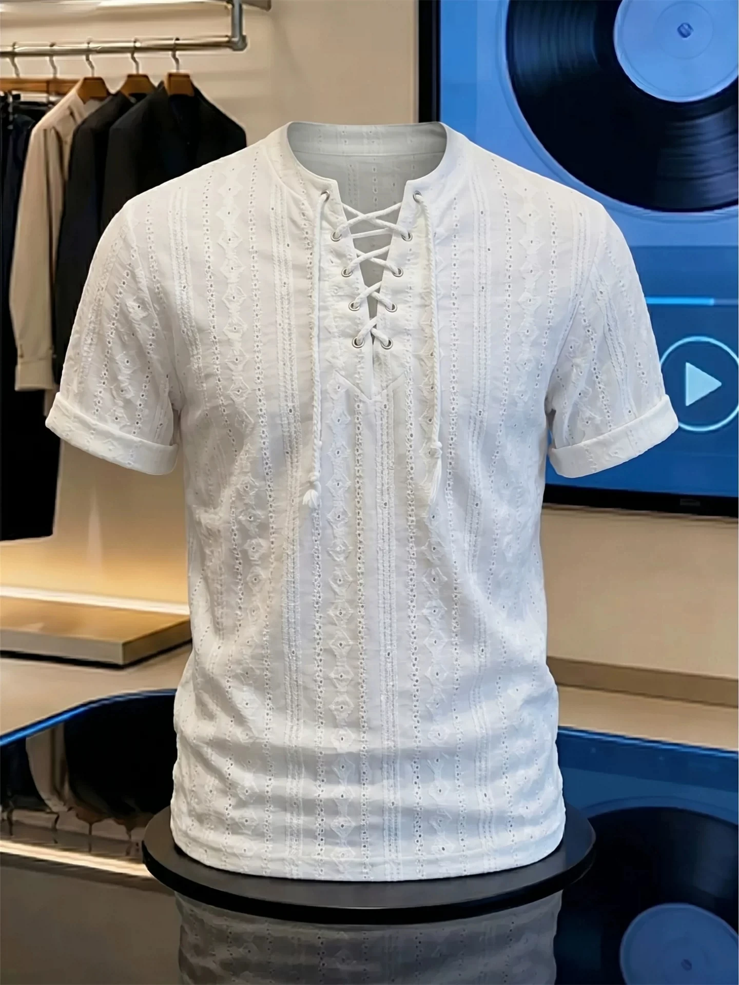 White Hollow out Belted V-Neck Short Sleeve Men's T-Shirt Summer Unique Design Premium Half Sleeve Stripe Embroidery Shoulder...