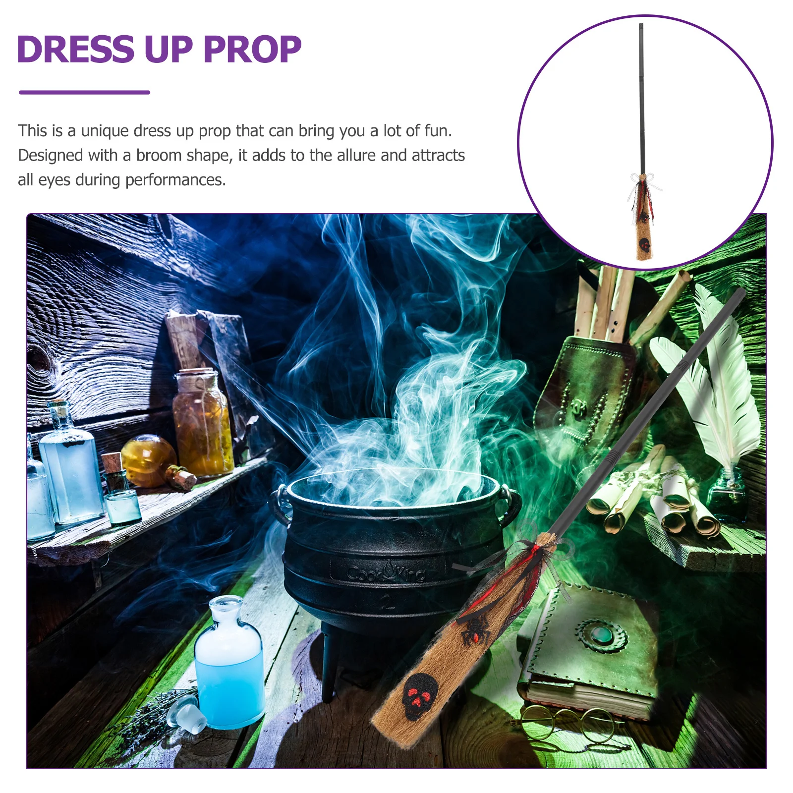 Halloween Witch Broom Flying Broomtick Prop Durable Plastic Grass Cloth Texture Unique Design for Kids Adults Cosplay Parties